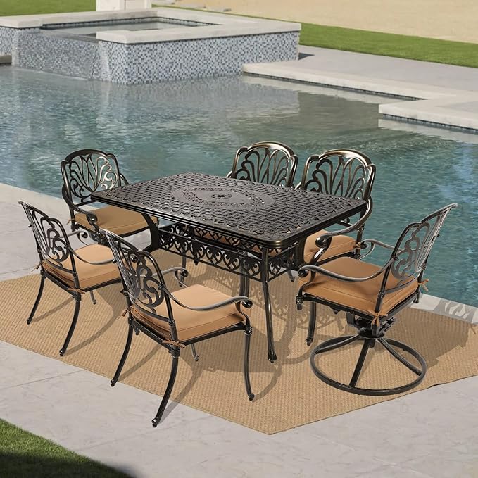 VIVIJASON 7 Pieces Cast Aluminum Outdoor Furniture Dining Set, Include 4 Stationary Chairs, 2 Swivel Dining Chairs and a Rectangle Table with 2" Umbrella Hole, Patio Conversation Set for Lawn Garden