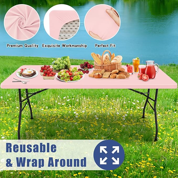 Moosfor Spandex 4 Foot Rectangle Table Cloth 2 Pack, Elastic Fitted Tablecloths for Picnic, Stretch Washable Patio Table Cover for Outdoor, Camping, Banquet and Parties (Pink, 30"x48")