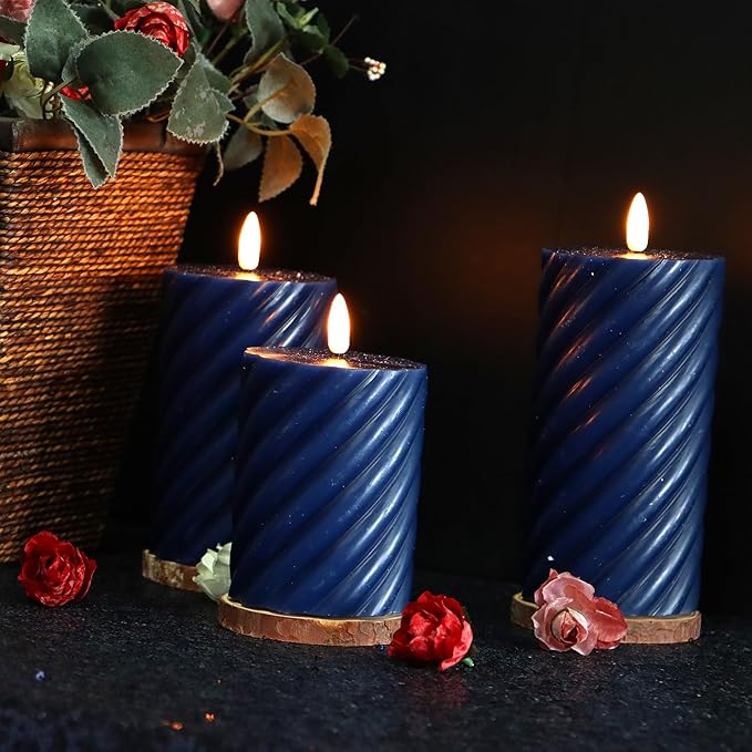 Battery Operated Flameless LED Candles with Remote Timer Real Wax Pillar Candles Electric Flickering decorative Navy Blue Wax Candles for Home Wedding Party Centerpiece Xmas Decor 3 PCS 3”X 4”, 5”, 6”