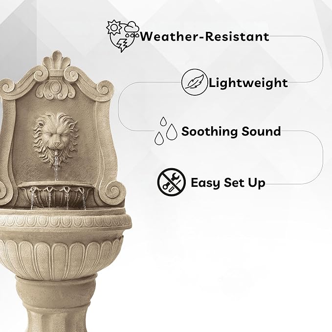 Xbrand 52.4" Sandstone Lion Head Floor Fountain, Two-Tier Outdoor Water Feature, Durable Resin Construction