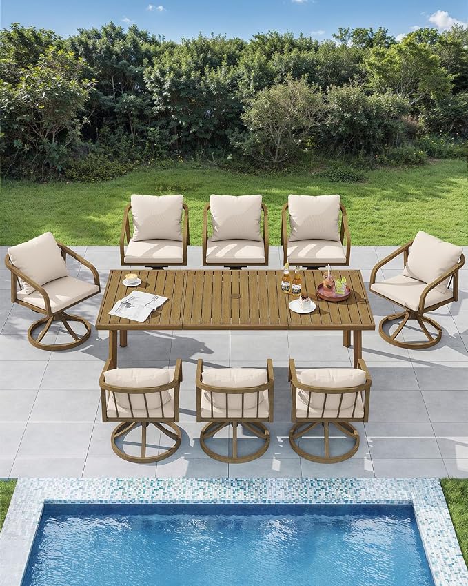 Swivel Outdoor Chairs Set of 2, Patio Dining Chairs with Removable Cushions, Never-Rust Aluminum Outdoor Dining Chairs with Wraparound Backrest and Armrest for Poolside, Deck, Backyard, Teak
