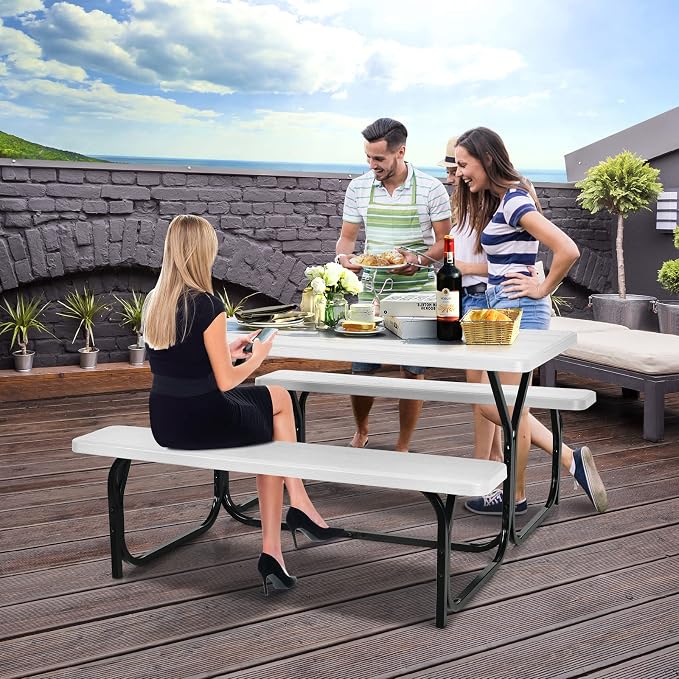 HAPPYGRILL Outdoor Picnic Table Bench Set with Metal Frame & All Weather-Resistant Surface, Camping Table Set for Patio Backyard Poolside Garden Dining Party