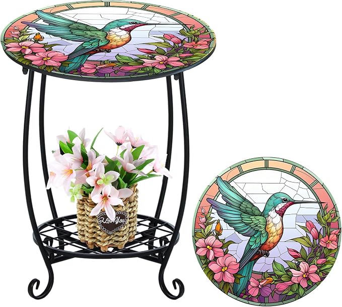 Cinnvoice Outdoor Side Table Round Small Mosaic Patio Accent Indoor End Plant Coffee Tea Table for Yard Patio Porch Garden Living Room, Bedroom(Hummingbird Style,18 Inch)
