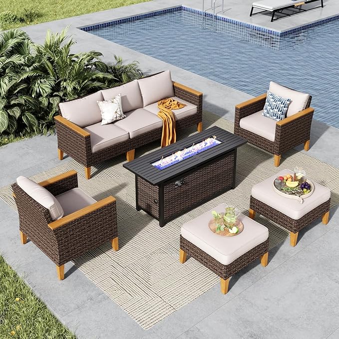 MFSTUDIO 7 Piece Wicker Patio Furniture Set with 56" Fire Pit Table, All-Weather PE Rattan Patio Sectional Sofa Conversation Set with 50000 BTU CSA Approved Fire Pit Table, Ottoman & Beige Cushion