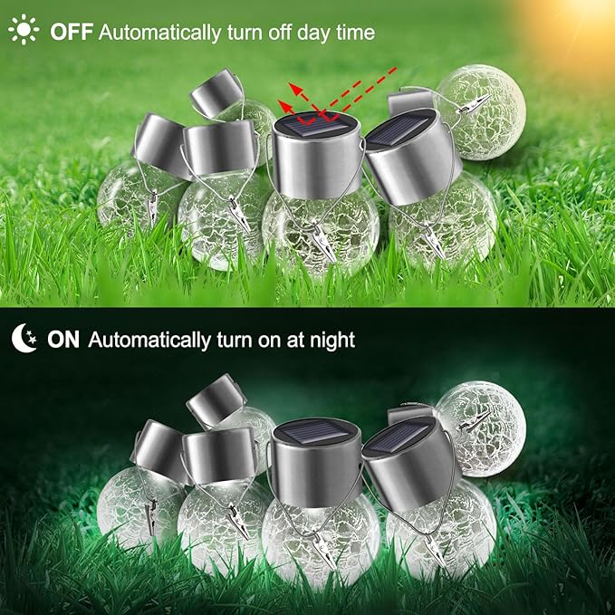 Solar Lights Outdoor Hanging Decorative Globe 24 Pack, Waterproof Solar Lantern with Handle and Clip, Solar Powered Glass Ball Lights for Garden Yard Fence Tree Umbrella Holiday Décor, Cold White