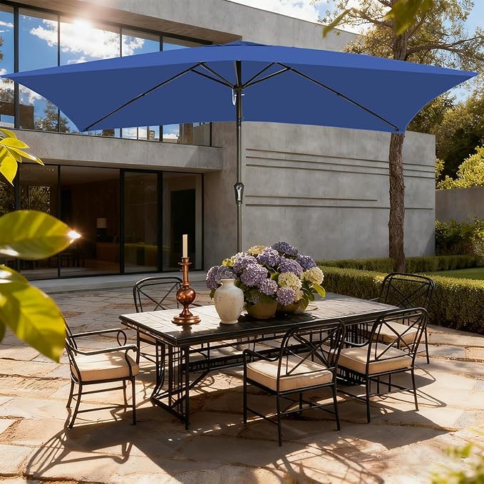 6.5x10FT Rectangular Patio Umbrella with Push Button Tilt & Crank Lift for Garden,UV Protection Outdoor Umbrella for Deck,Pool and Yard,Blue
