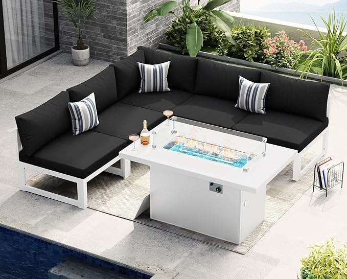 NICESOUL® 6 Piece Extra-Large White Aluminum Outdoor Patio Sectionals with Firepit Table Propane/Natural Gas, 29'' Deep Wide Seated Modular Sofa Conversation Set, 500lbs L Shaped Couches, Black