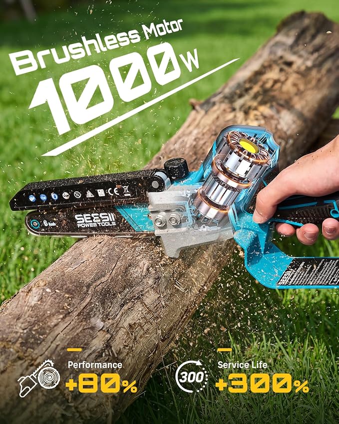 SEESII Brushless Mini Chainsaw 6 Inch, Handheld Saw with 2 * 2000 mAh Batteries, Cordless Chainsaw with Automatic Oiler, Compatible with Makita 18V Battery, Electric Saw for Tree Limb Branch Cutter