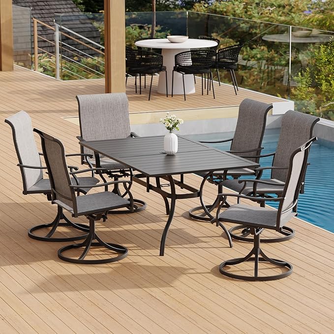 Anmutig 7-Piece Outdoor Dining Set, 6 Swivel Chairs＆63‘’ Rectangular Table All Weather Frame Furniture Set - Grey Style1