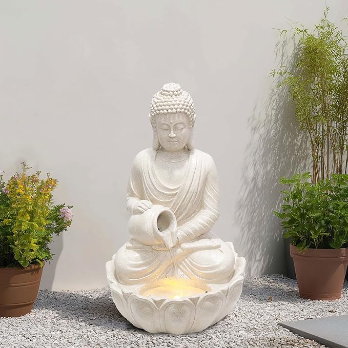 G-LEAF Zen Style Meditating Buddha Statue Water Fountain Outdoor 31'' Tall Patio Garden Water Fountain with LED Light and Submersible Pump Yard Art Decor