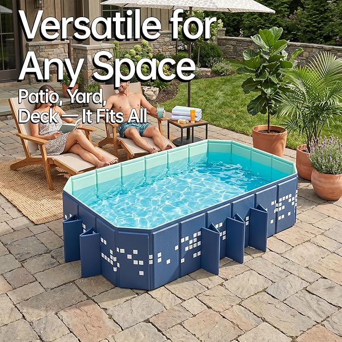Large Foldable Swimming Pool, Mosaic Design Non-Inflatable Rectangular Pool, Oversized Thickened Framed Pool, Collapsible Pool for Kids Adults, Backyard Outdoor Pool 102.4"x65.0"x19.7"- Blue