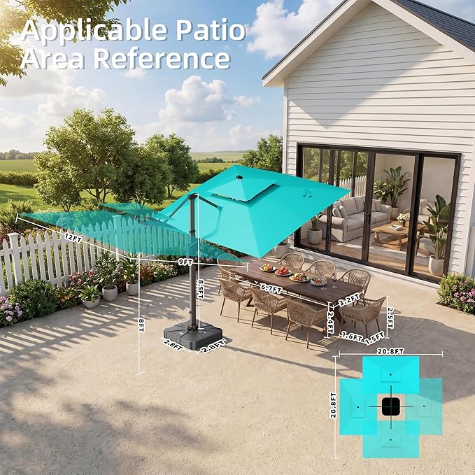 9' X 12' Patio Umbrella with Weighted Base and LED Lights Outdoor Cantilever Large Rectangle Offset Umbrellas Heavy Duty Aluminum Double Top with 360-degree Rotation for Pool Garden Deck, Turquoise