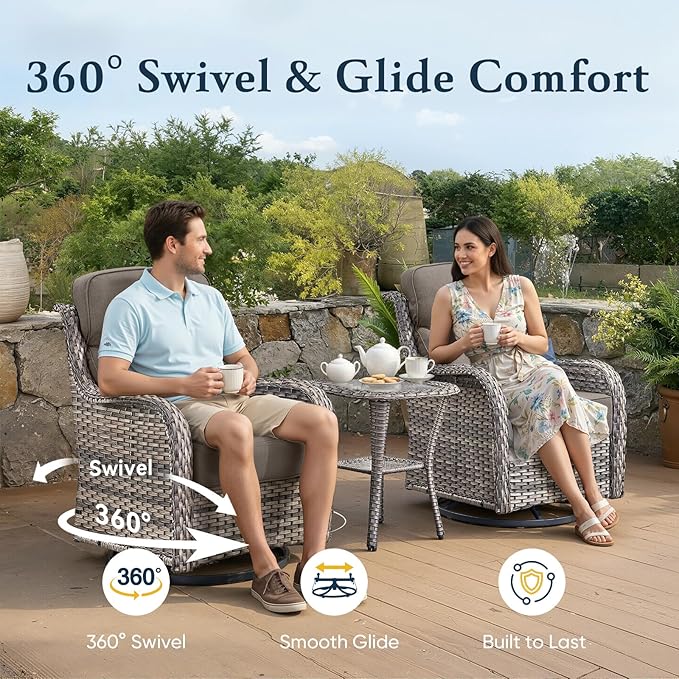 Belord Luxury 6" Thick Cushioned 7 Pieces Patio Furniture Set with Outdoor Couch, Wicker Outdoor Conversation Set with High Back Swivel Rocker Chairs for Deck Porch Yard and Poolside - Grey+Grey