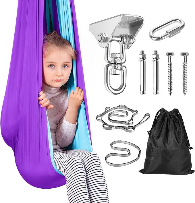 Yoga Swing for Kids Hammock Children Hangin Indoor Outdoor Autism Aspergers,ADHD Kids Hangin Therapy Swing 90inch x 59inch (Hardware Included) Deep Purple and Sky Blue