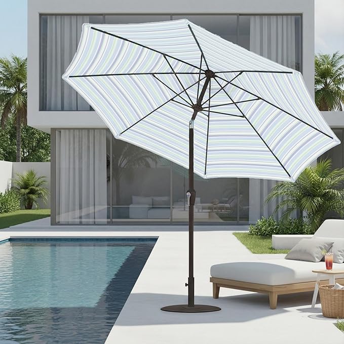 9ft Patio Umbrella with Push Button Tilt and Crank,Outdoor Market Table Umbrella UV Protection 8 Sturdy Ribs for Backyard,Garden,Pool,Deck(Blue Green Stripes)