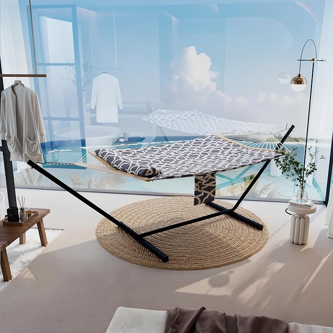 Hanging Hammock Chair for Indoor Outdoor - Comfortable Breathable Swing Seat Chair [Cotton or Polyester] - Curved Safety Design with Cushion & Woven Rope Mesh, Includes Carrying Bag,Pattern