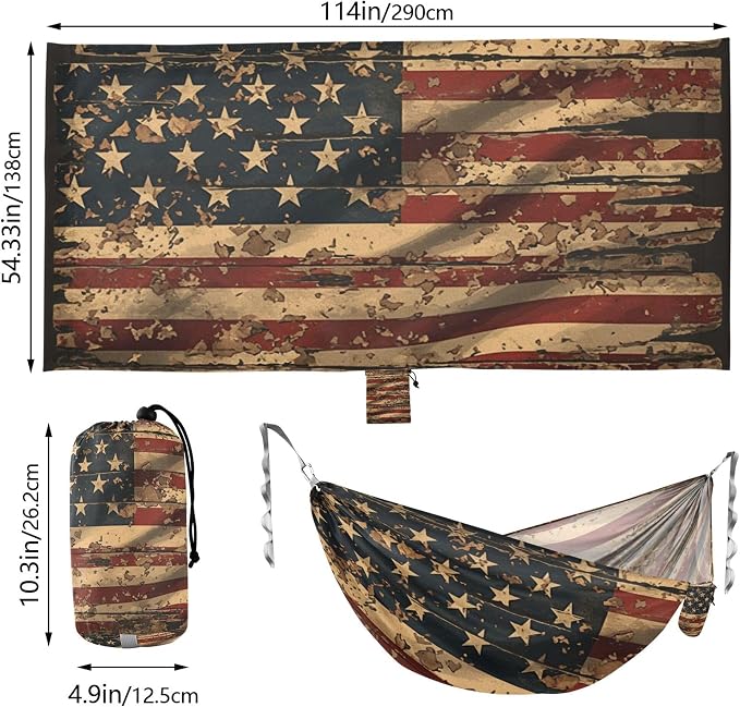 Gritty Military American Flag Outdoor Hammock with Tree Straps Cloth Hammock for Outside Patio Garden