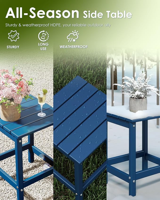 GREENVINES Adirondack-Outdoor-Side-Table | Single-Tier | 14 x 13 Inches | HDPE Plastic | All Weather | Blue | Outside End Tables | for Patio Porch Backyard Indoor