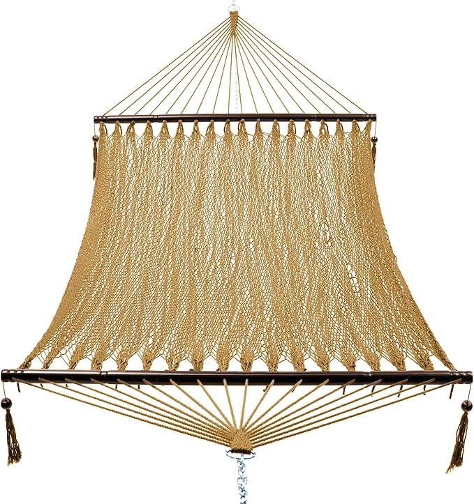 PNAEUT 2 Person Rope Hammocks for Outside, Handwoven Double Caribbean Hammock with Spreader Bar for Outdoor Indoor, Max 600 lbs Capacity (Tan)
