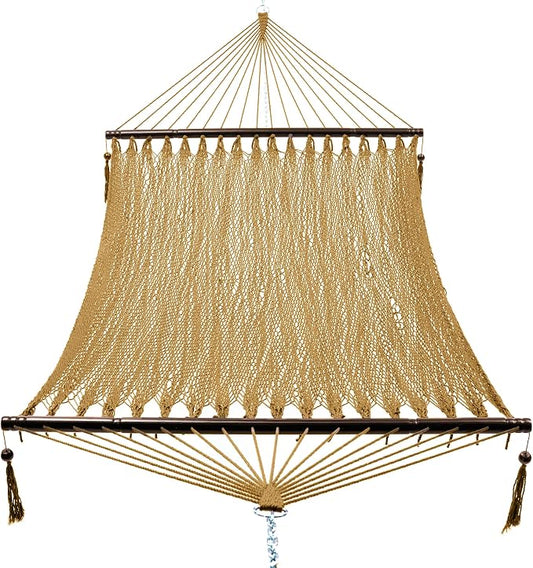 PNAEUT 2 Person Caribbean Rope Hammocks for Outside, 12ft Handwoven Polyester Double Hammock with Spreader Bar for Outdoor Indoor, Max 600 lbs Capacity (Tan)
