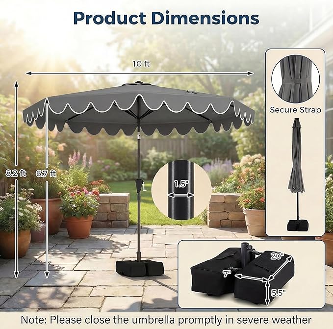 Happygrill 10 FT Patio Umbrella with Weighted Base Included, Outdoor Market Umbrella w/Push Button Tilt & Crank, 8 Heavy-Duty Metal Ribs, Air Vent, Sunshade Canopy for Garden Deck Pool Backyard (Gray)