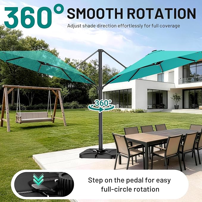 AreShark 11FT Round Cantilever Patio Umbrella with Base Included, 360° Rotation Offset Outdoor Umbrella, 5 Tilt Settings Heavy Duty Hanging Parasol for Deck Garden Pool, Peacock Blue