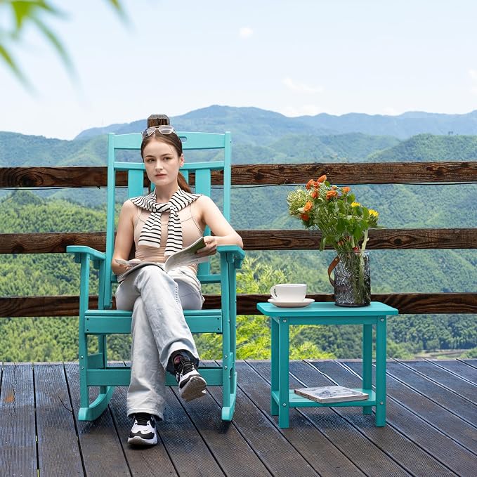 nevilywood 2-Tier End Table, Outdoor Adirondack Side Tables, Whether resisted HDPE, Wood Texture - Poolside, Patio,Lawn & Aruba Blue