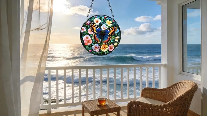 Stained Glass Window Hanging - A Beautiful Butterfly is Dancing in The Sea of Flowers 6.3 Inches Suncatcher for Garden Home Decor for Women Mom Grandma Friends