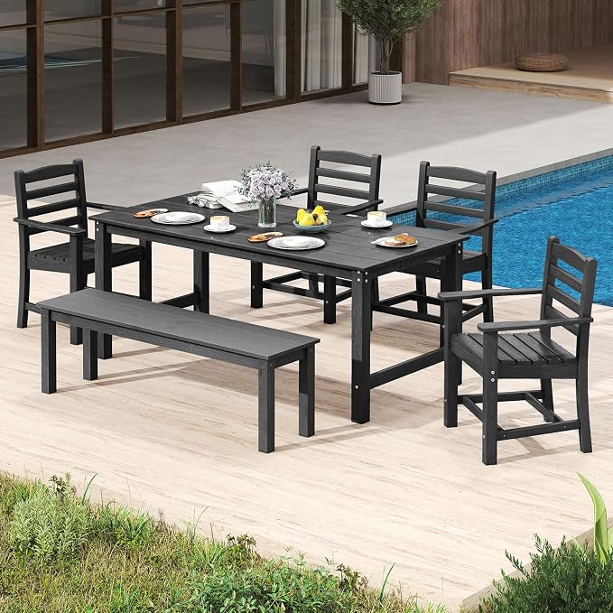 Tangkula Patio Dining Chairs Set of 4, HDPE All Weather Outdoor Chair w/Wide Armrests, Curved Seat, Wood Grain, Plastic Porch Chair for Backyard, Garden, Front Porch, Poolside (Black, 4 Chairs)