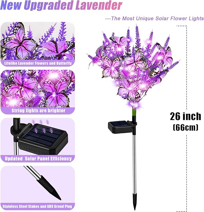 NBQQ Solar Garden Lights Outdoor 4 Pack Lavender Butterfly Lights, Solar Artificial Flower Outdoor Waterproof Decoration Gardening Gifts for Women, Yard Patio Pathway Lawn Courtyard Decoration