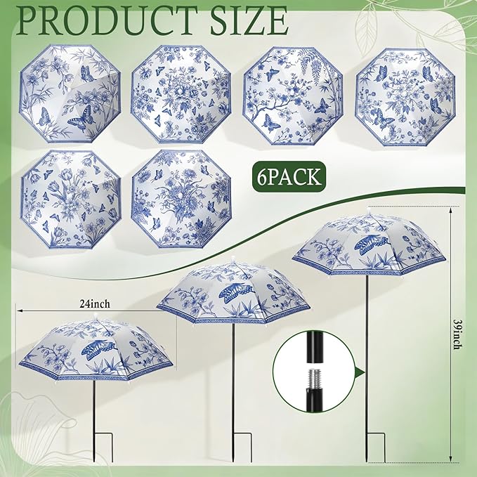 Hillban 6 Pack Plant Shade Umbrellas for Outdoor Plants 23.6" Large Garden Umbrella Shade for Potted Flower with Adjustable 40" H Sunshade Cover for Patio Garden Bed Flowers(Blue and White Porcelain)
