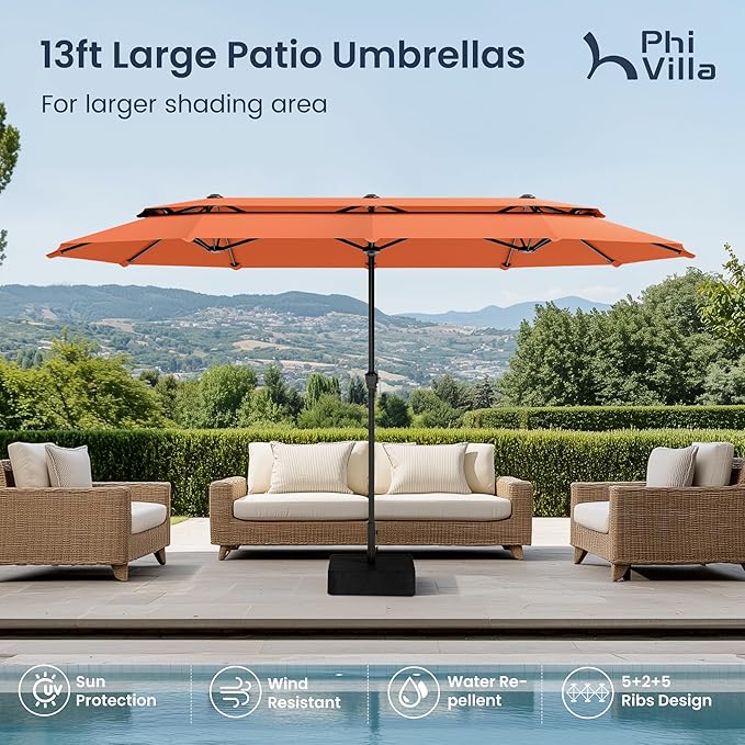 PHI VILLA 13ft Large Patio Umbrellas with Base Included, 2-Tier Double-Sided Outdoor Market Rectangle Umbrella for Outside, Orange Red