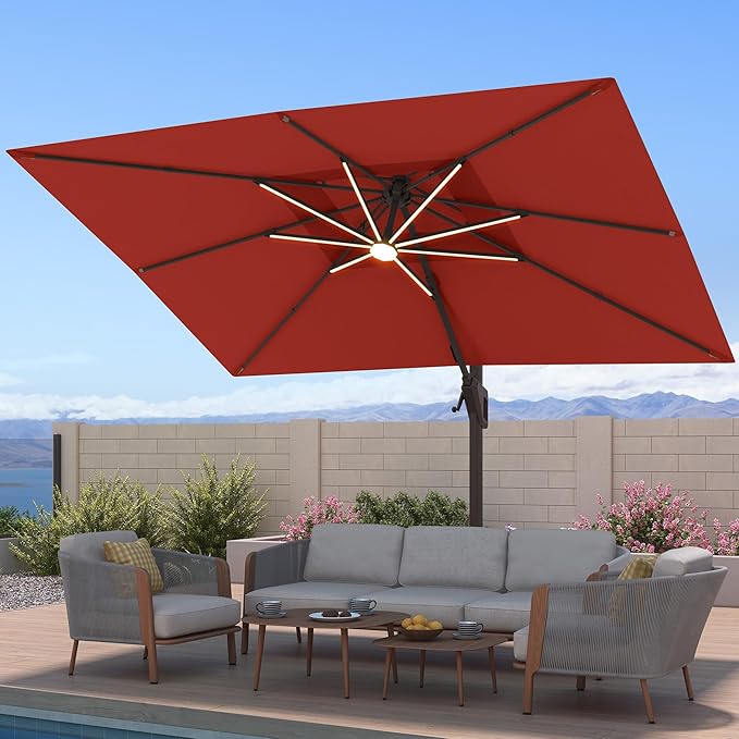 10x13 FT Patio Umbrella with Weighted Base and LED Lights Cantilever Outdoor Large Heavy Duty Rectangle Aluminum Offset Umbrellas Double Top 360 Rotation for Pool Deck Garden, Red