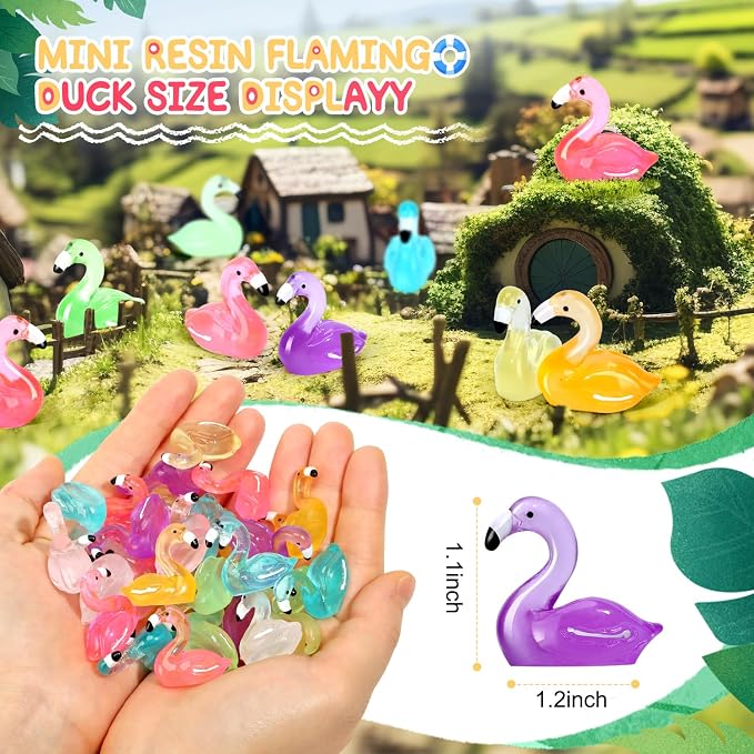 64pcs Luminous Large Mini Resin Flamingo Ducks 8 Colors Glow in The Dark Tiny Small Little Resin Flamingo to Hide Plastic Animal Figures for Micro Fairy Garden Landscape Dollhouse Aquarium Decorations