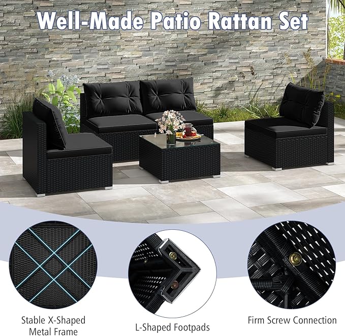 Tangkula 5 Piece Rattan Sofa Set, Outdoor Wicker Furniture Set w/Seat & Back Cushions, Square Coffee Table, Patio Sectional Sofa Set for Backyard, Poolside, Garden (Black)