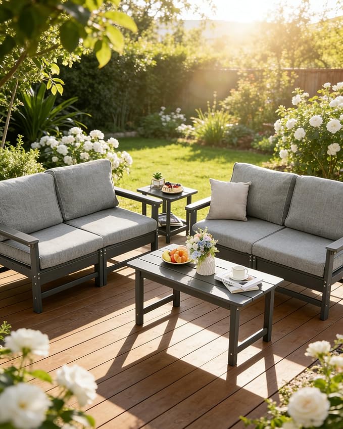 HDPE Outdoor Patio Furniture Set with Cushions, 6 Piece Patio Conversation Set Sofa Set,All Weather Outdoor Couch Set with Coffee Table for Lawn, Garden, Deck