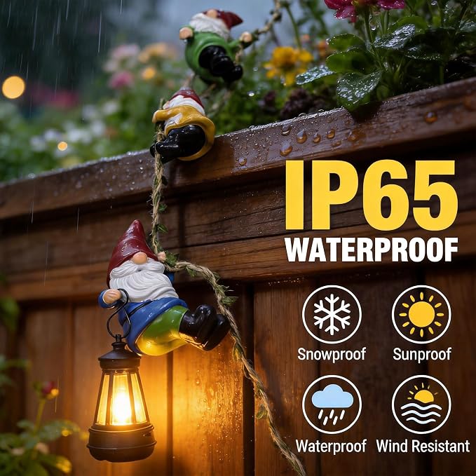Garden Gnomes Hanging Solar Lights, 3-Pack Climbing Rope Gnome Statues with LED Lantern, Resin Outdoor Decor for Yard Patio Door Tree Fence Wall, Housewarming Gifts for Women Mom Grandma