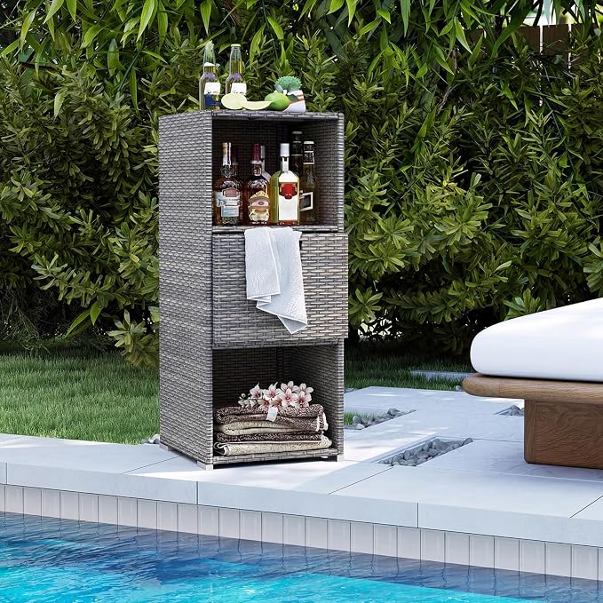 Tangkula Rattan Outdoor Storage Cabinet, Patiojoy Outdoor Wicker Cabinet with 3 Shelves, 1 Removable Drawer, Patio Storage Deck Box for Backyard Poolside Porch