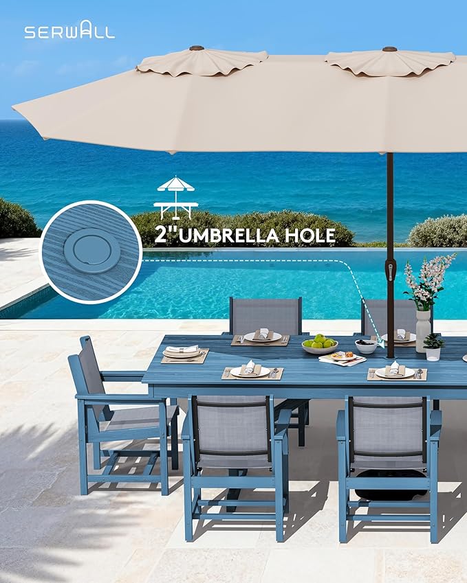 SERWALL 9 Piece Outdoor Dining Set, 84" HDPE Outdoor Large Table and Textilene Sling Chairs for 8，All Weather Patio Dining Furniture Set with Umbrella Hole for Backyard, Garden, Blue