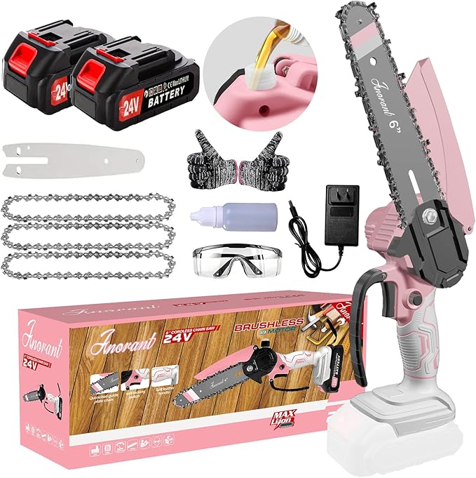 Mini Chainsaw with 2×24V Battery Powered Electric Chain Saw,chain saw are suitable for cutting wood and trimming branches,Mini Chainsaw Cordless With three chains (Pinkish White)