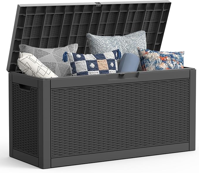 Mars Villa 60 Gallon Deck Box, Outdoor Storage Box Waterproof, Outside Resin Storage Bin for Outdoor Patio Furniture Cushion, Pool Supply, Garden Tool, UV-Resistant and Weatherproof, Rattan Black