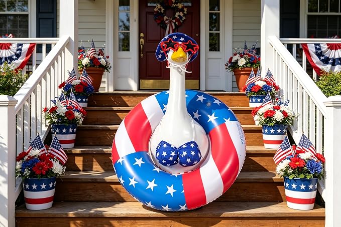 Bikini Porch Goose Outfits Fits 23" Goose Statue Summer Porch Goose Outfit | Independence Day Goose Costume, Hat & Sunglasses Included, Star-Spangled Swim Ring, US 250th Anniversary Garden Decor