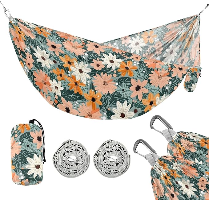 Camping Hammock Outdoor Hammocks for Outside Summer Flowers Leaves Beach Trees Portable Lightweight with Pockets Tree Straps Indoor