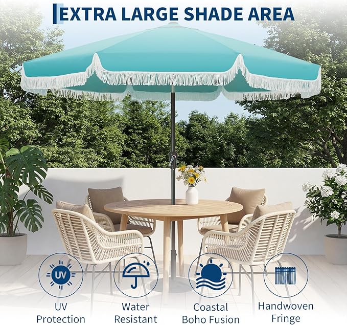 Garvee 10FT Fringe Patio Umbrella with Crank Handle,Push Button Tilt for Sun Shade,8 Fiberglass Ribs, 1.5"D Premium Steel Pole,Outdoor Large Tassel Umbrella for Patio Beach Pool Backyard,10' Lake Blue