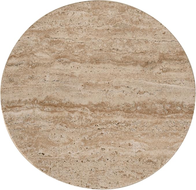 24/7 Shop at Home Ranera Modern 17-inch Natural Stone Side Table with Round Pedestal Base, Marble Nightstand, Fluted Patio End Table, for Living Room, Covered Outdoor Spaces, Light Brown Travertine