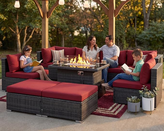 RADIATA 9 Piece Wicker Patio Furniture Set with Fire Pit, All-Weather Outdoor Sectional Couch High Back Large Size, Modular Backyard Seating Sofa Set with Propane/Natural Gas Firepit Table, Grey&Red