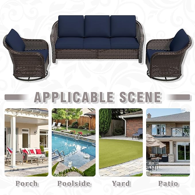 3 Piece Patio Wicker Conversation Set, All-Weather Use Outdoor Wicker Sofa with 2 PE Rattan 360 Swivel Chair, Ideal for Porch, Backyard, Balcony, Poolside, Blue