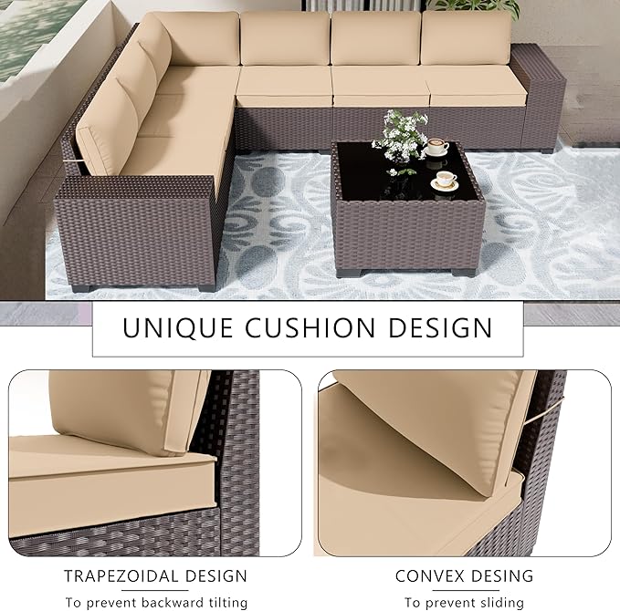 Patio Furniture Set Sofa 7-pcs Wicker Sectional Sofa Set,Outdoor Furniture Rattan Patio Conversation Sets with Seat Cushions and Tempered Glass Coffee Table