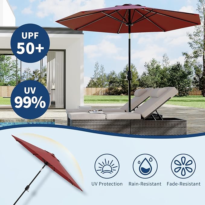 10Ft Patio Umbrella - 8 Sturdy Ribs Outdoor Table Umbrella with Crank Lift & Push Button Tilt - Market Umbrella for Pool, Deck, Yard, Garden - Turquoise