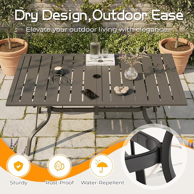 EROMMY 7-Piece Outdoor Patio Dining Set, 6 Wicker Swivel Rocking Chairs with 4" Cushions, Rectangular Table with Adjustable Umbrella Hole for Backyard, Deck, Black